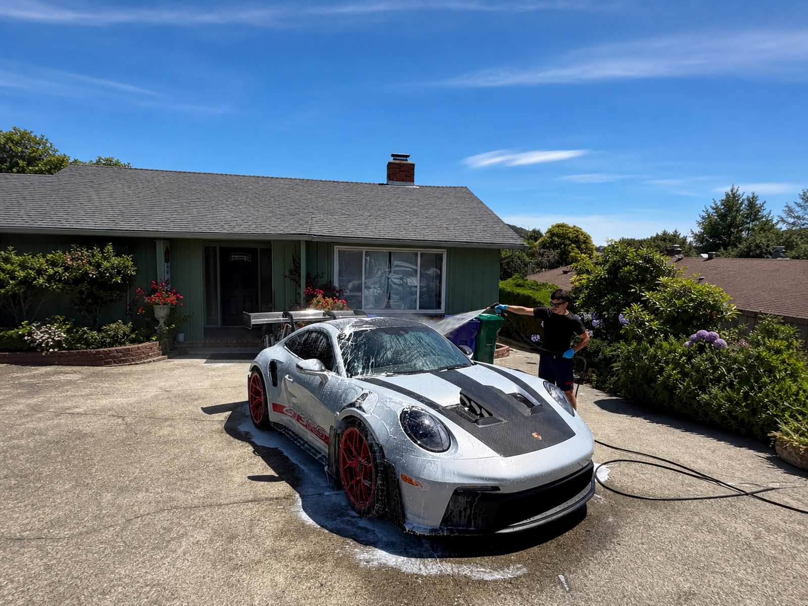 Porsche being washed during a mobile detailing service